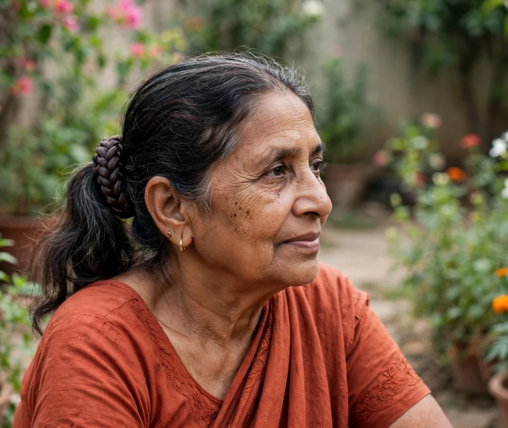South Asian woman in her late sixties with a braided wrap ponytail in a maroon sari blouse