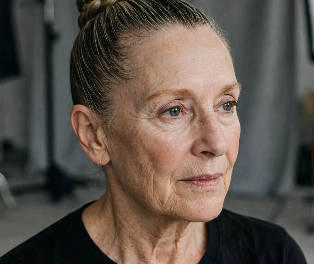 White woman in her mid-sixties with a sleek braided ballerina bun in a black top