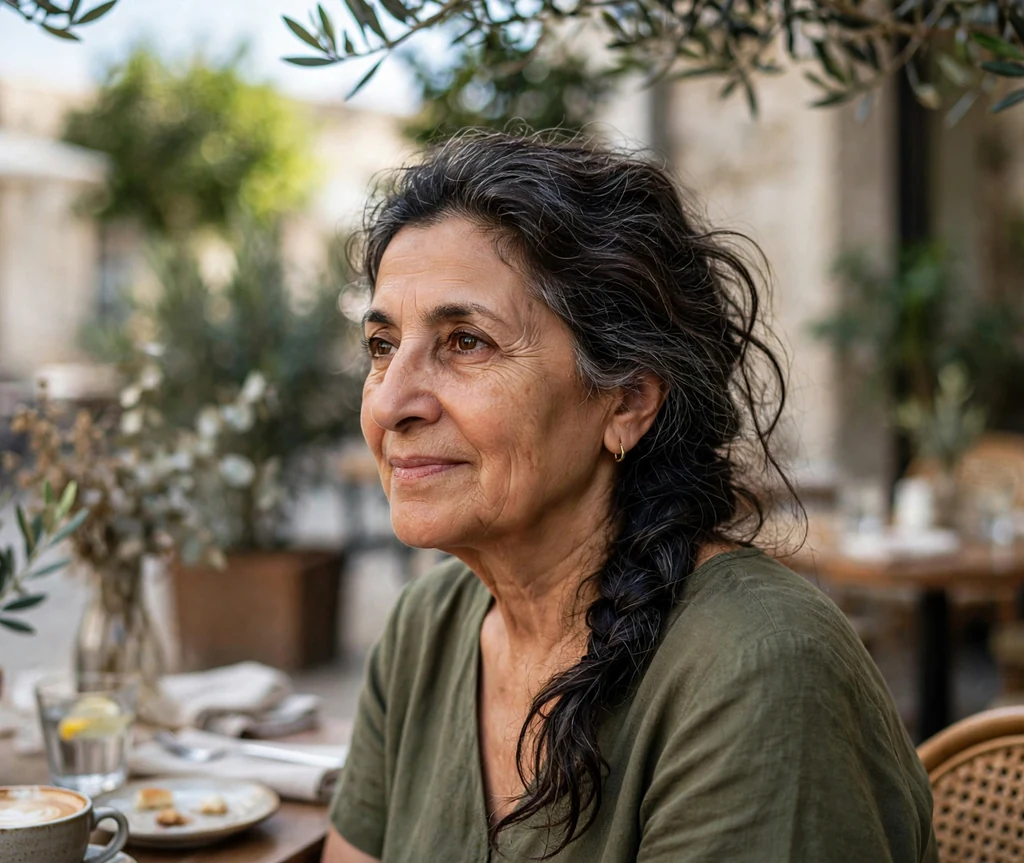 Middle Eastern woman in her early sixties with a textured side braid in an olive dress at a cafe