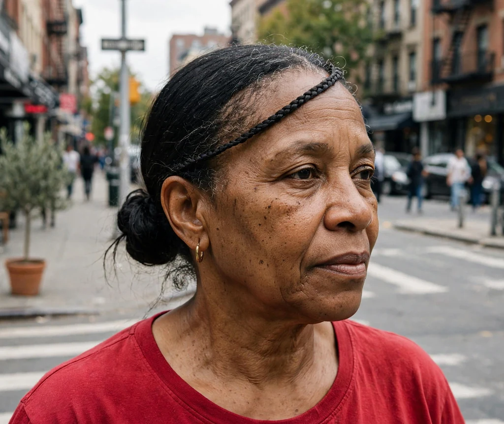 Black woman in her mid-fifties with a braided bangs accent swept across her forehead in a red top