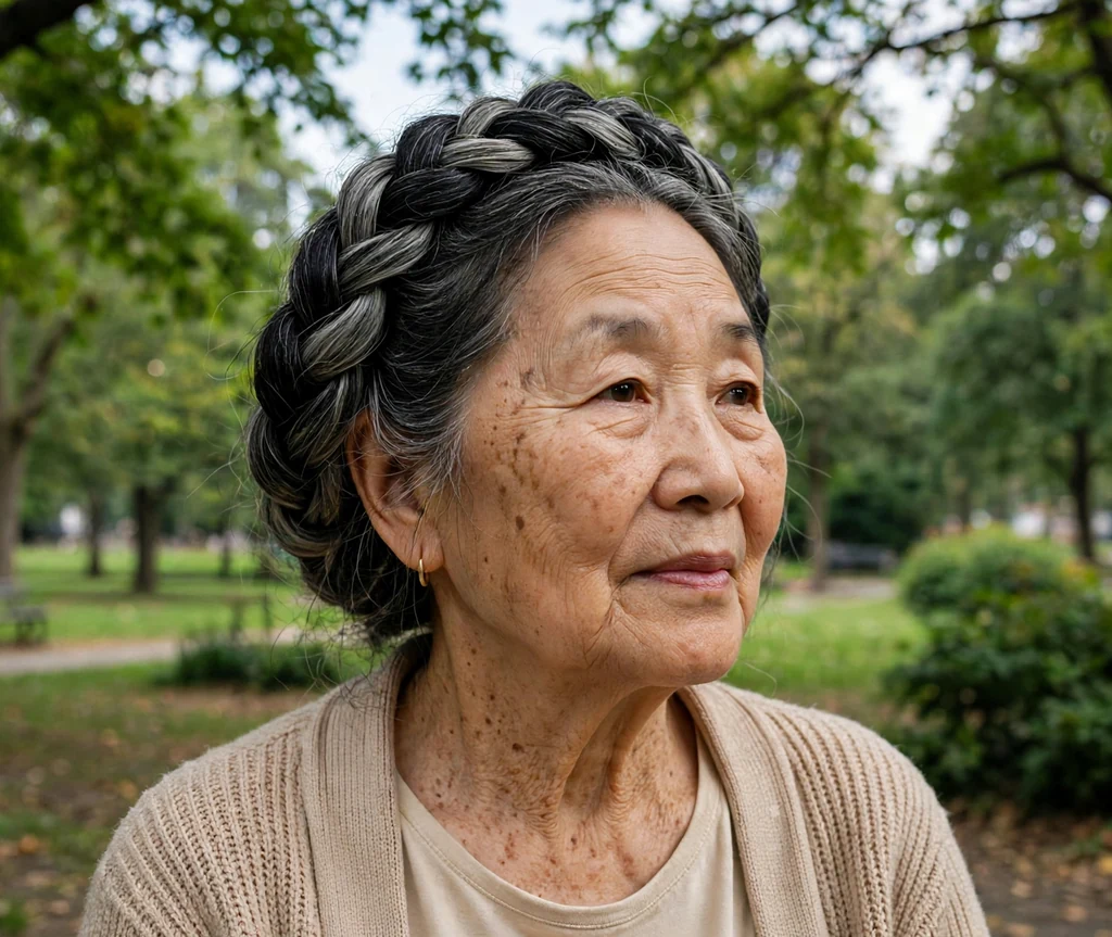 East Asian woman in her late sixties with a twisted halo braid in a park