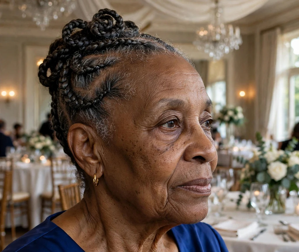 Black woman in her early seventies with an elegant cornrow updo in a royal blue dress