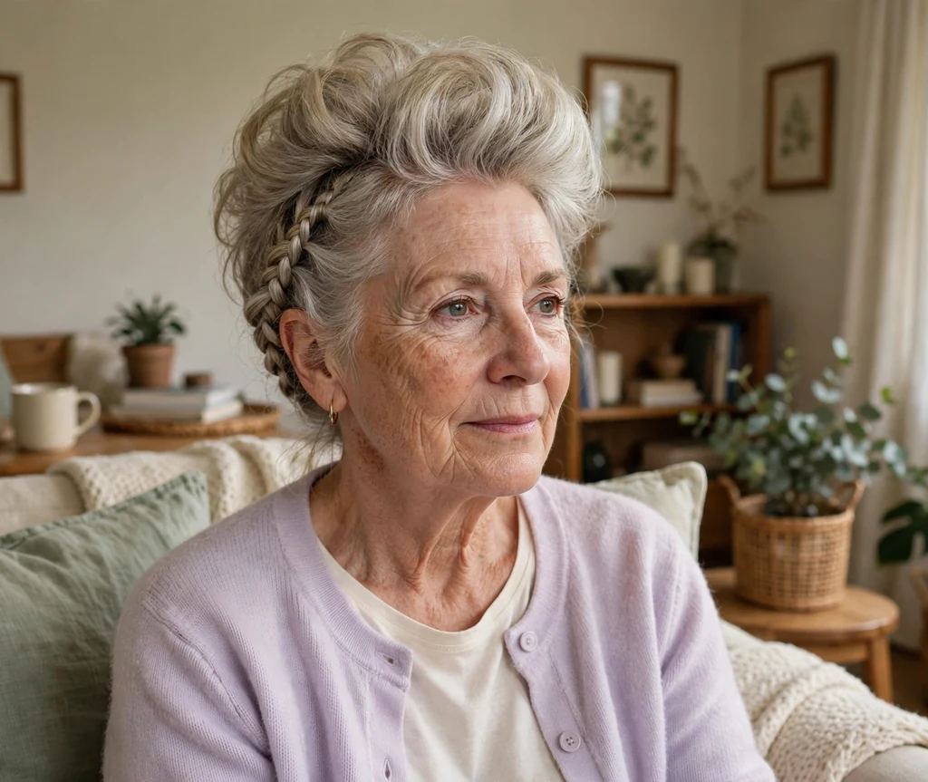 White woman in her late sixties with a braided bouffant with volume at the crown in a pastel cardigan