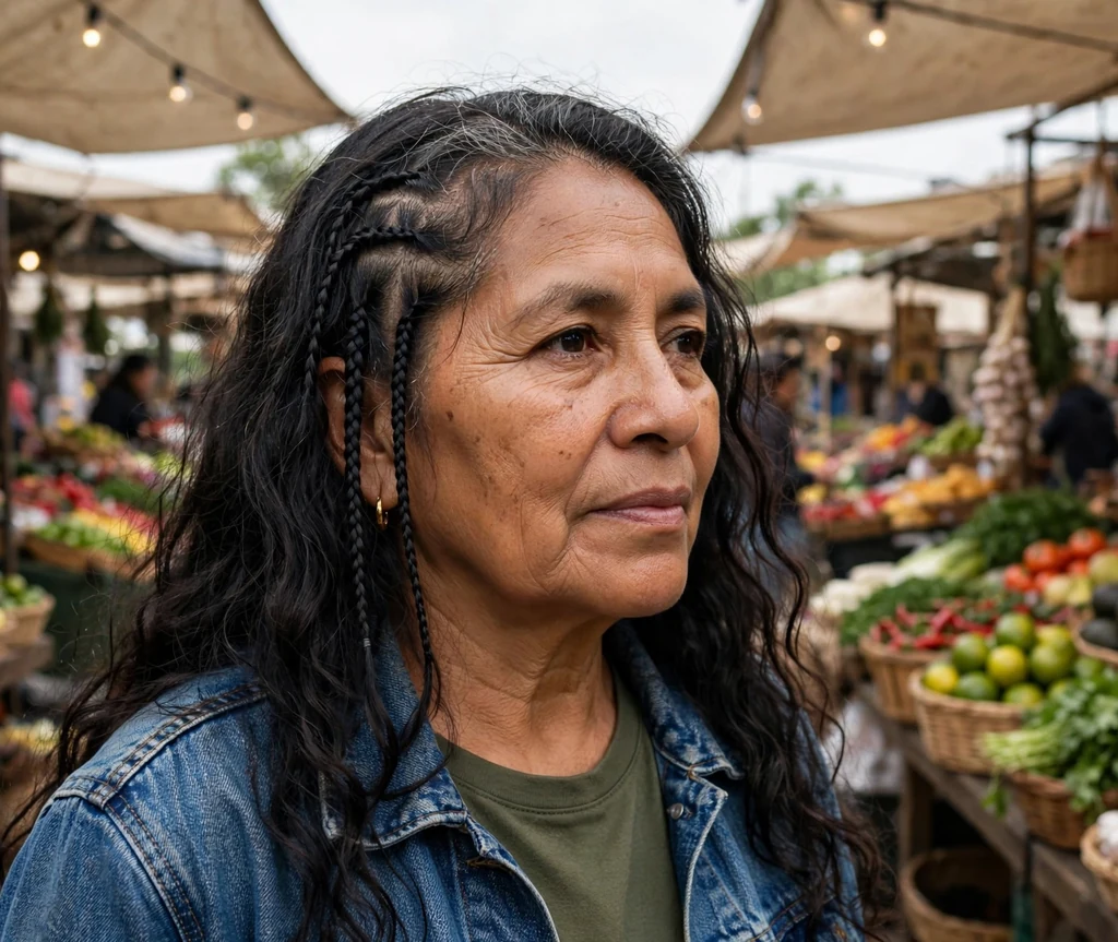 Latina woman in her mid-sixties with mini accent braids woven through loose waves in a denim jacket