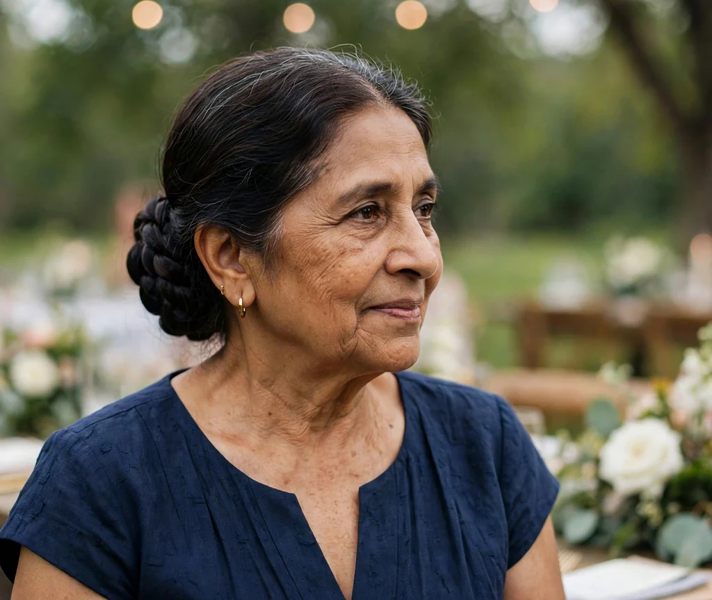 South Asian woman in her mid-sixties with a braided low chignon in a navy dress