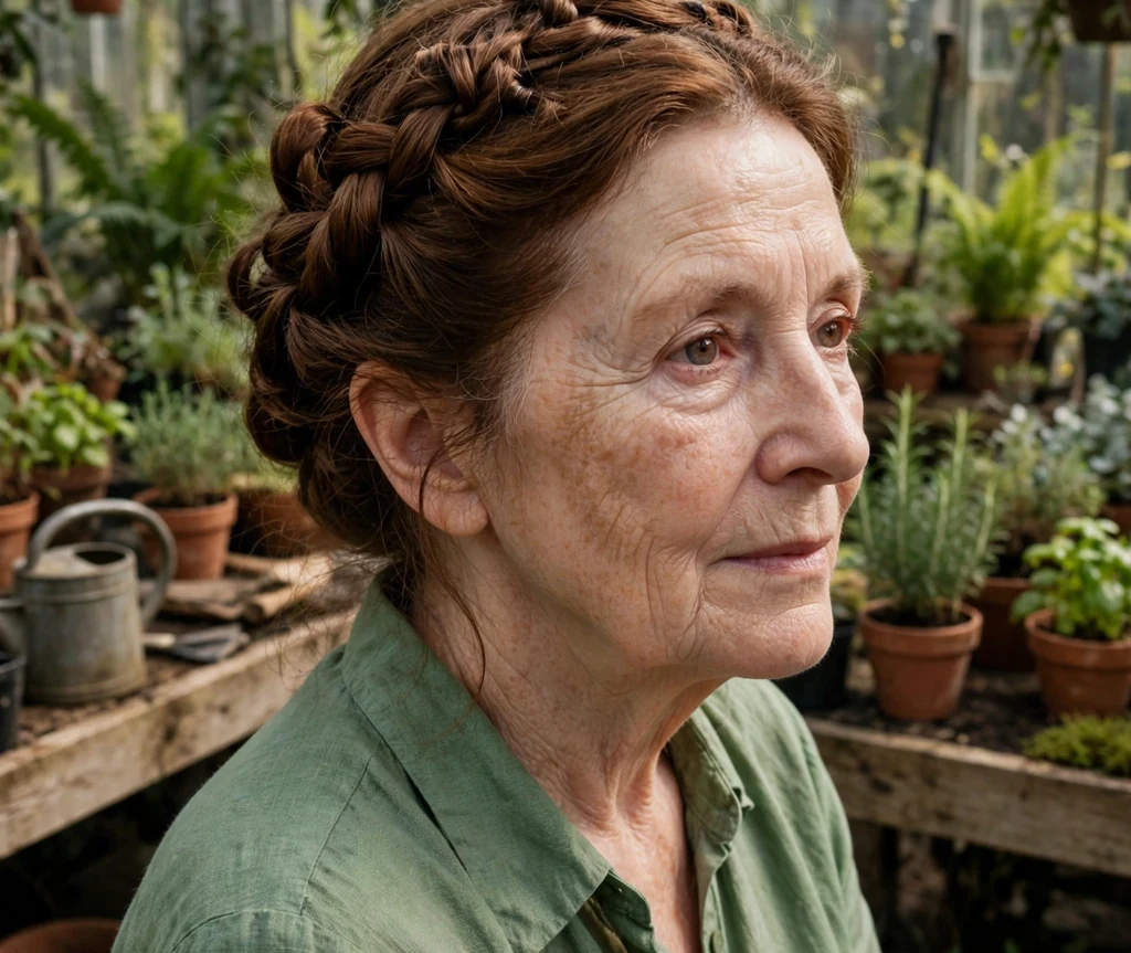 White woman in her early sixties with a braided crown twist in a garden