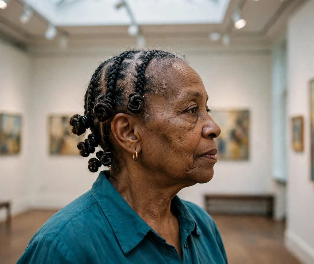 Black woman in her late fifties with elegant braided coils pinned at the nape in a teal blouse