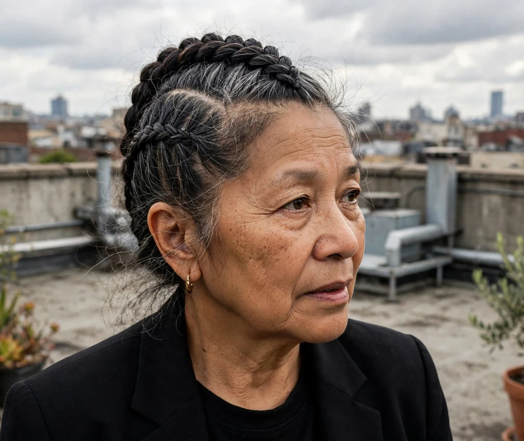 Mixed-race woman in her mid-sixties with a braided faux hawk updo in a black blazer