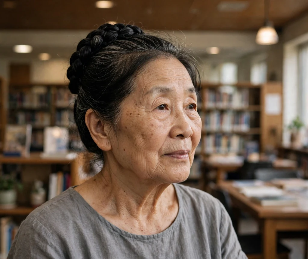 East Asian woman in her early seventies with a timeless braided updo in a museum