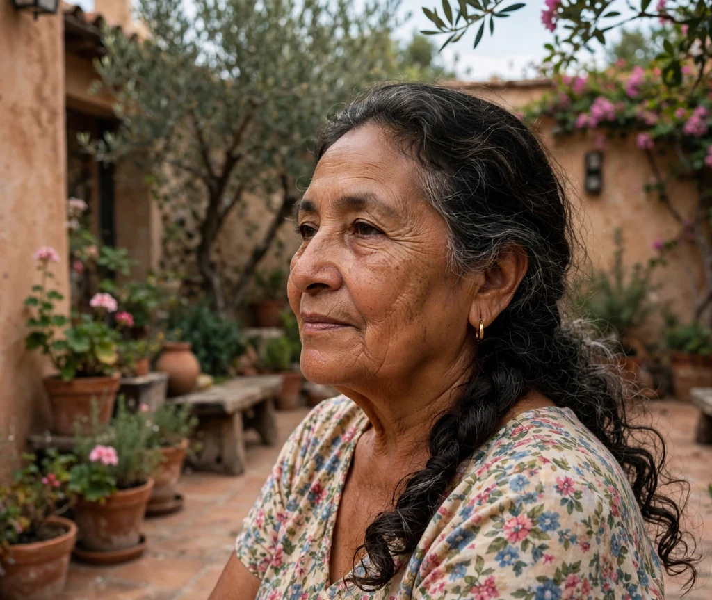 Latina woman in her late sixties with a loose side braid with curls in a floral dress