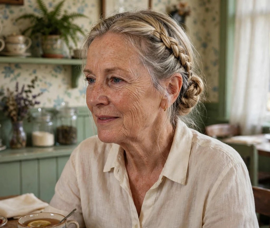 White woman in her mid-sixties with a braided Gibson tuck in a cream blouse