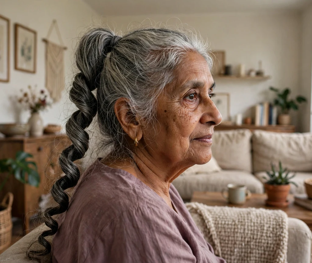 South Asian woman in her early seventies with an elegant braided pony wrap in a living room
