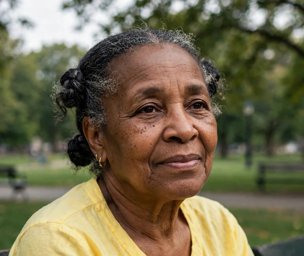 Black woman in her early sixties with double braided buns in a park