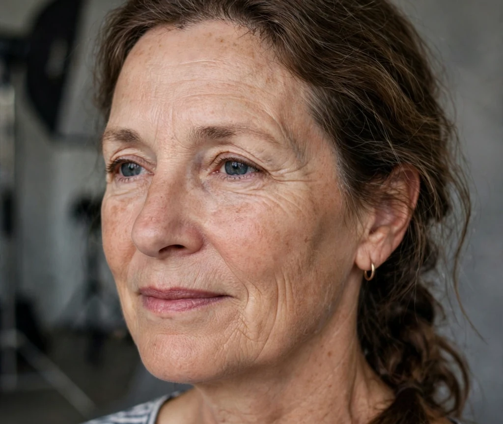 White woman in her late fifties with a braided side ponytail in a studio