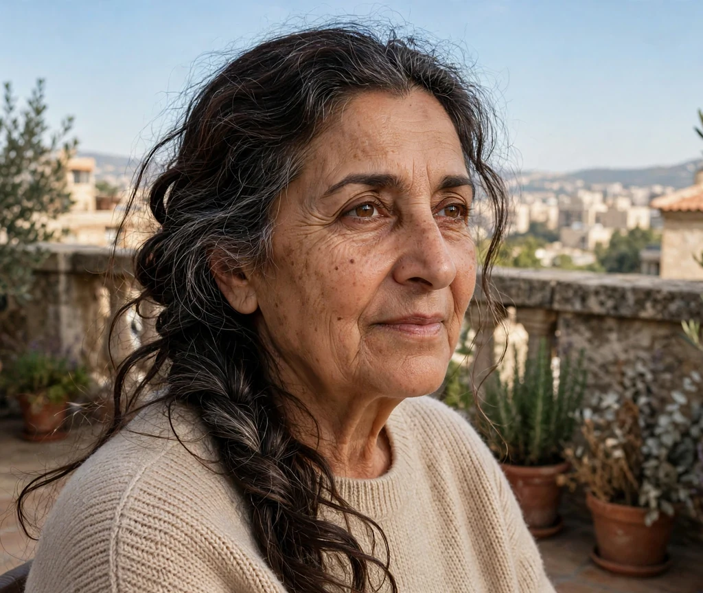 Middle Eastern woman in her mid-sixties with a waterfall twist braid in a beige sweater on a terrace