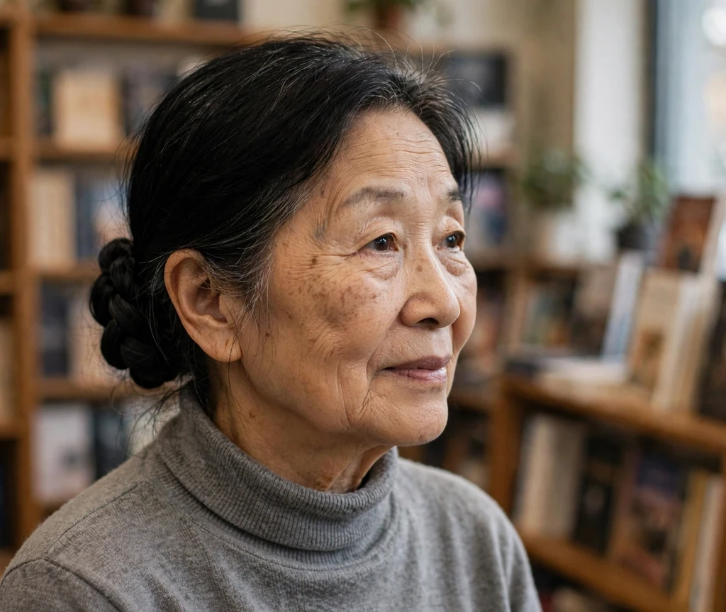 East Asian woman in her mid-sixties with a braided elegant twist bun in a grey turtleneck in a bookstore
