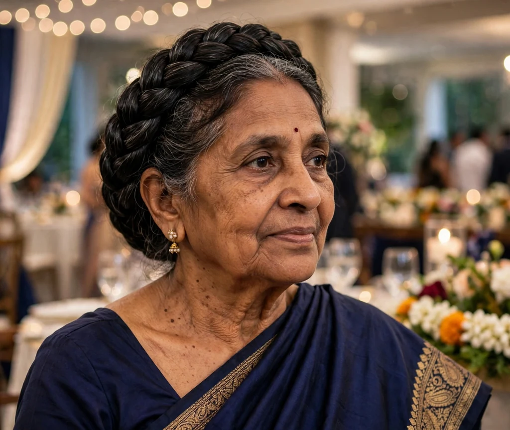 South Asian woman in her late sixties with a regal braided crown in a navy sari at an event
