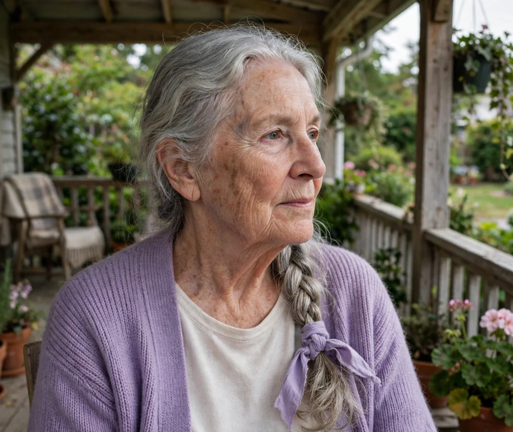 White woman in her early seventies with a classic three-strand side braid in a lavender cardigan