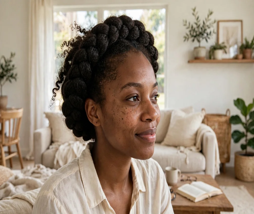 Black woman with a classic halo crown braid in a bright living room