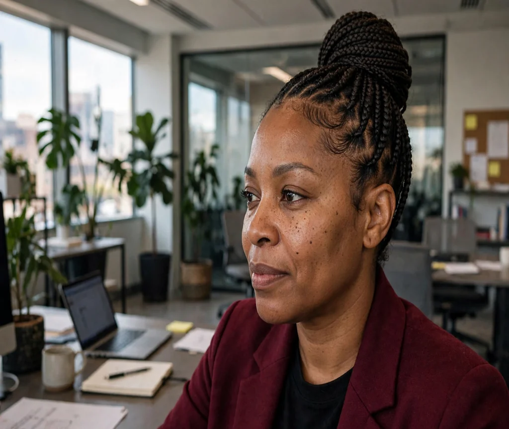Black woman with a high braided bun and sleek edges in a modern office