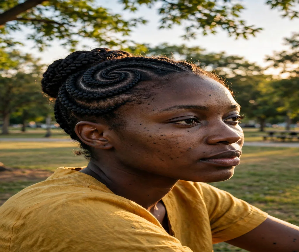 Black woman with a Ghana cornrow updo with a center swirl in a park