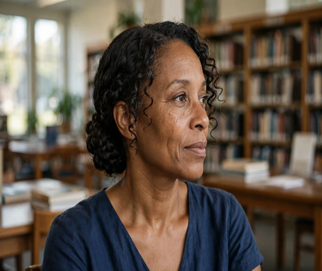 Black woman with a braided low chignon for natural curls in a library
