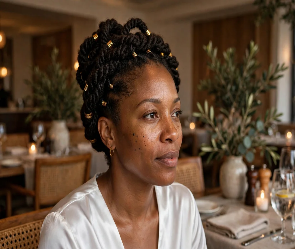 Black woman with a crown twist updo with gold cuffs at a restaurant