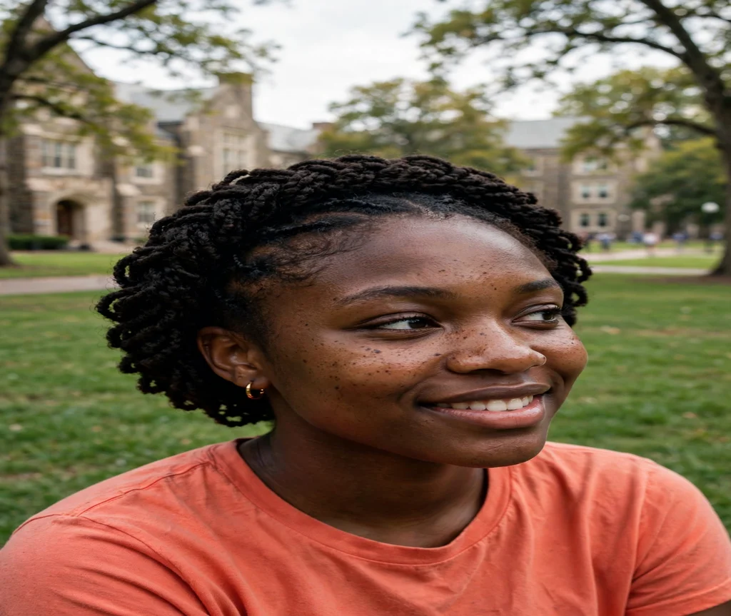 Black woman with a flat-twist halo on 4C hair on a college campus
