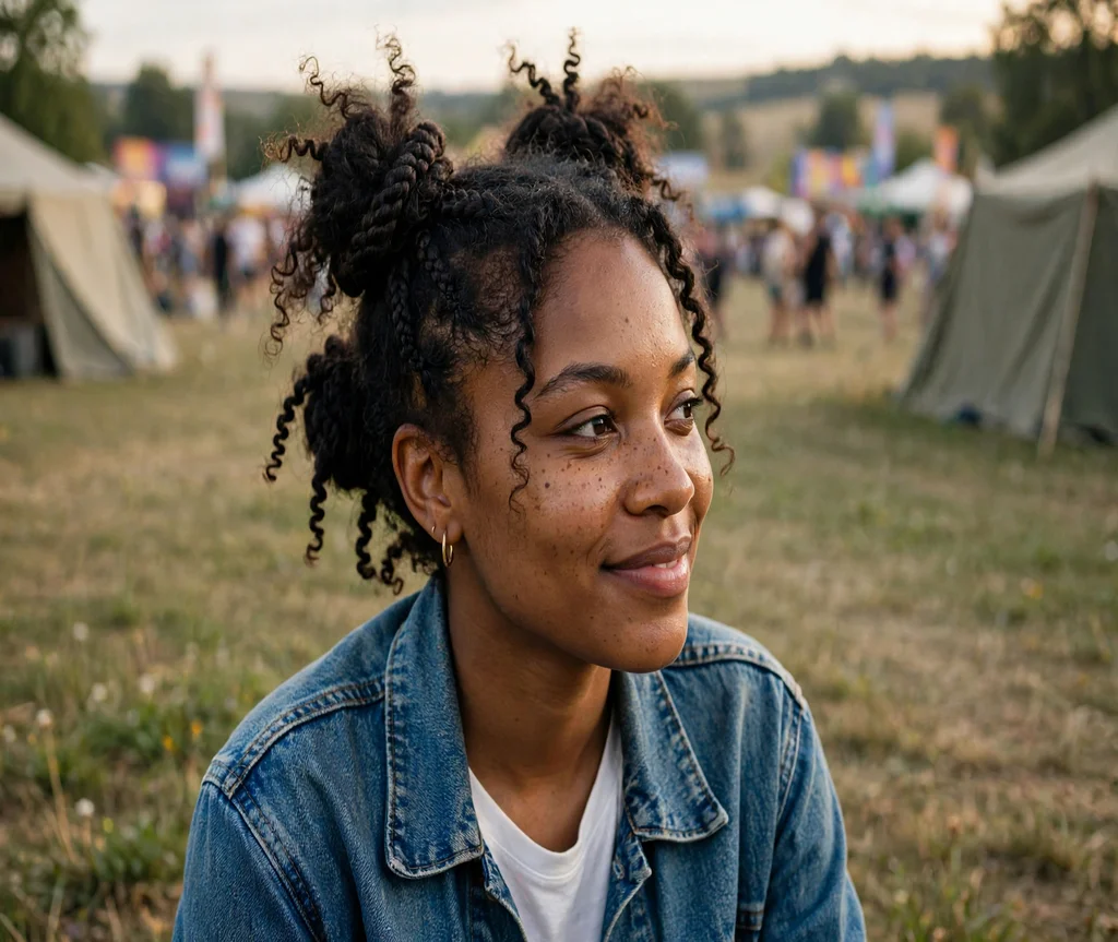 Black woman with braided space buns in coily hair at a music festival