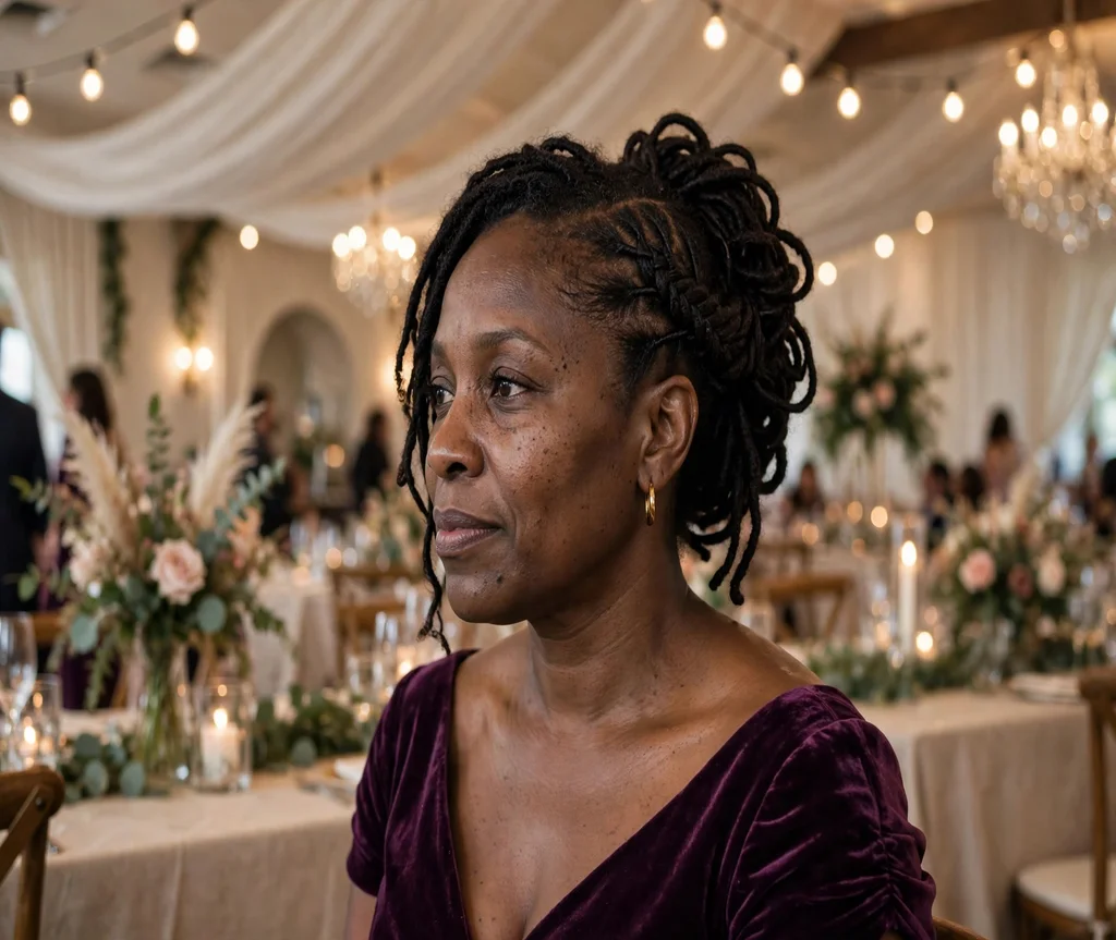 Black woman with an elegant loc updo with a side braid at a wedding reception