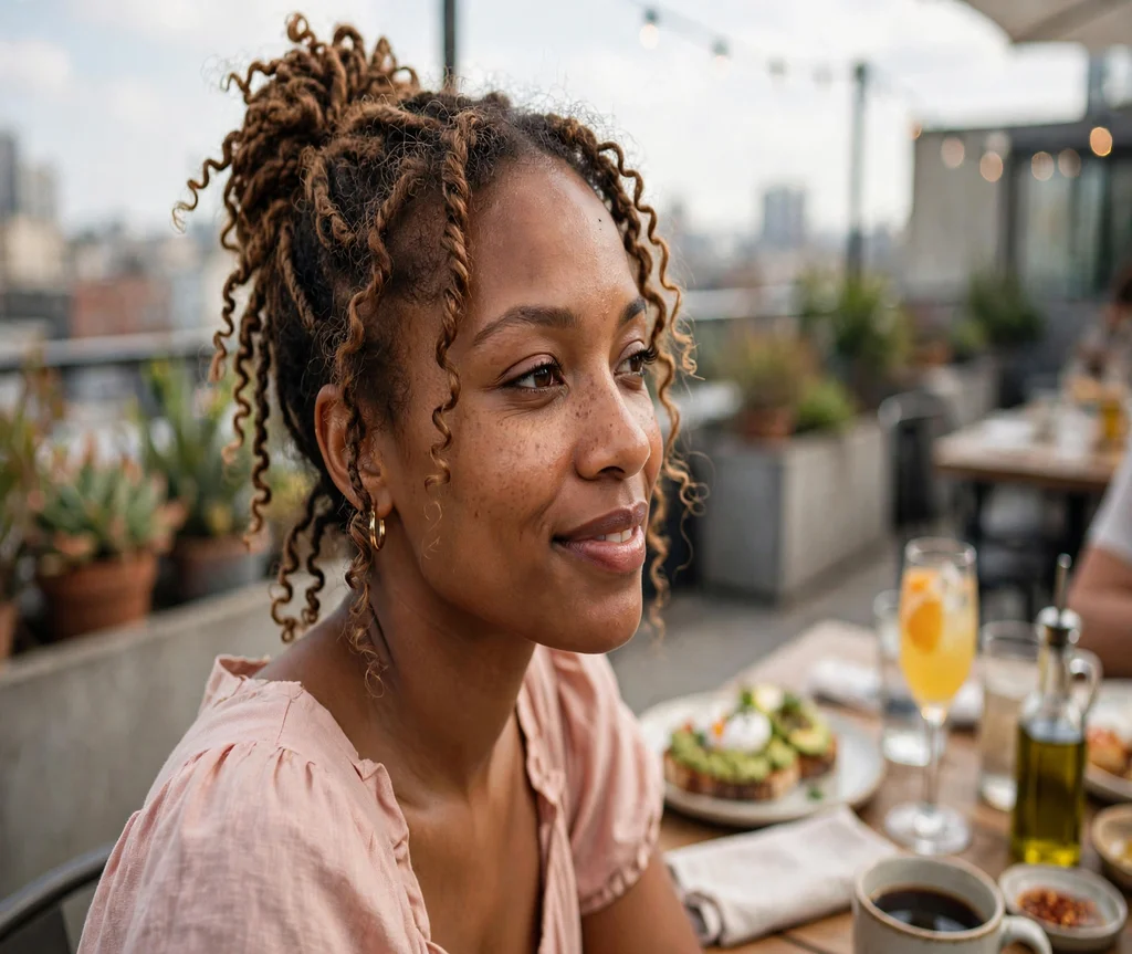 Black woman with a twisted high bun with hanging curls at a rooftop brunch