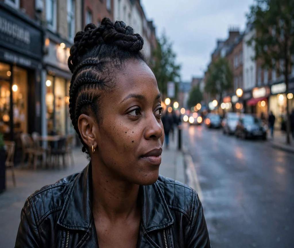 Black woman with a cornrow mohawk braided updo on a city street at dusk