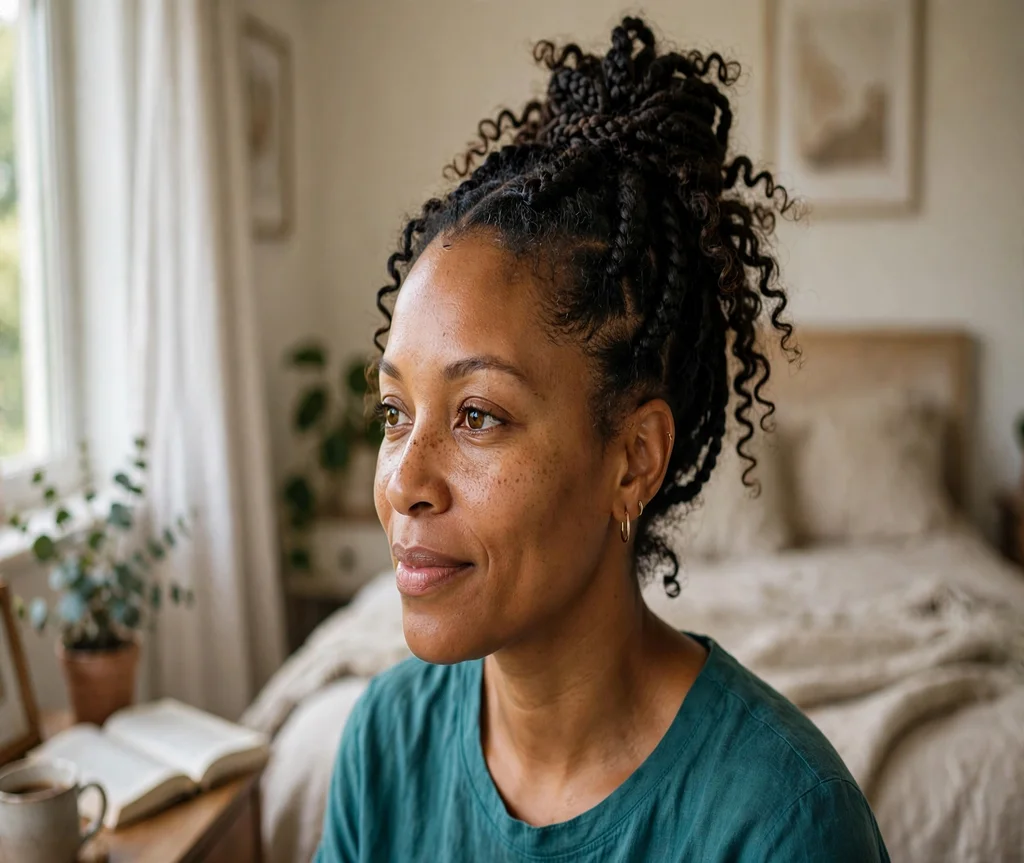 Black woman with a braided pineapple updo for curls in a bedroom