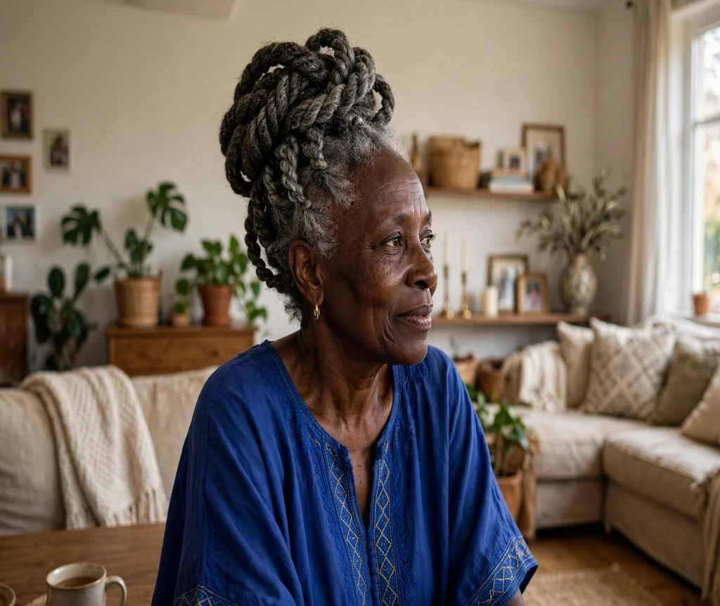 Black woman with a chunky two-strand twist updo in a family living room