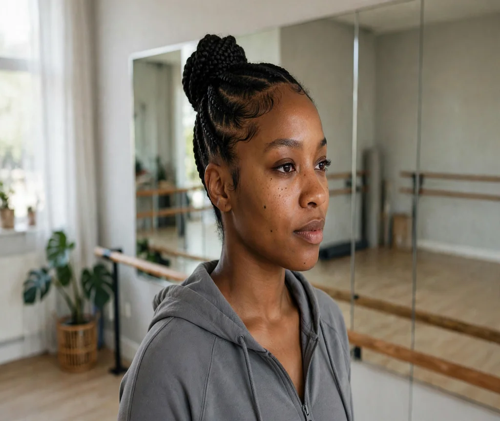 Black woman with a braided ballerina bun with laid edges in a dance studio