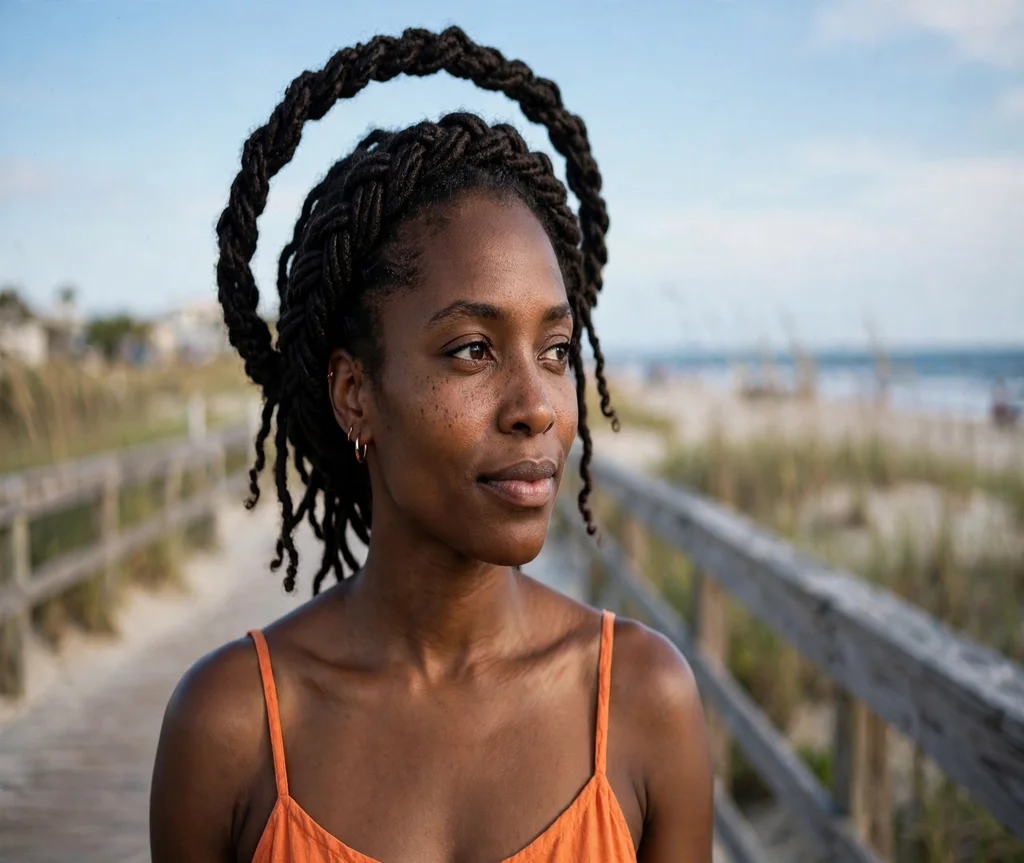 Black woman with a halo braid with butterfly locs on a beach boardwalk