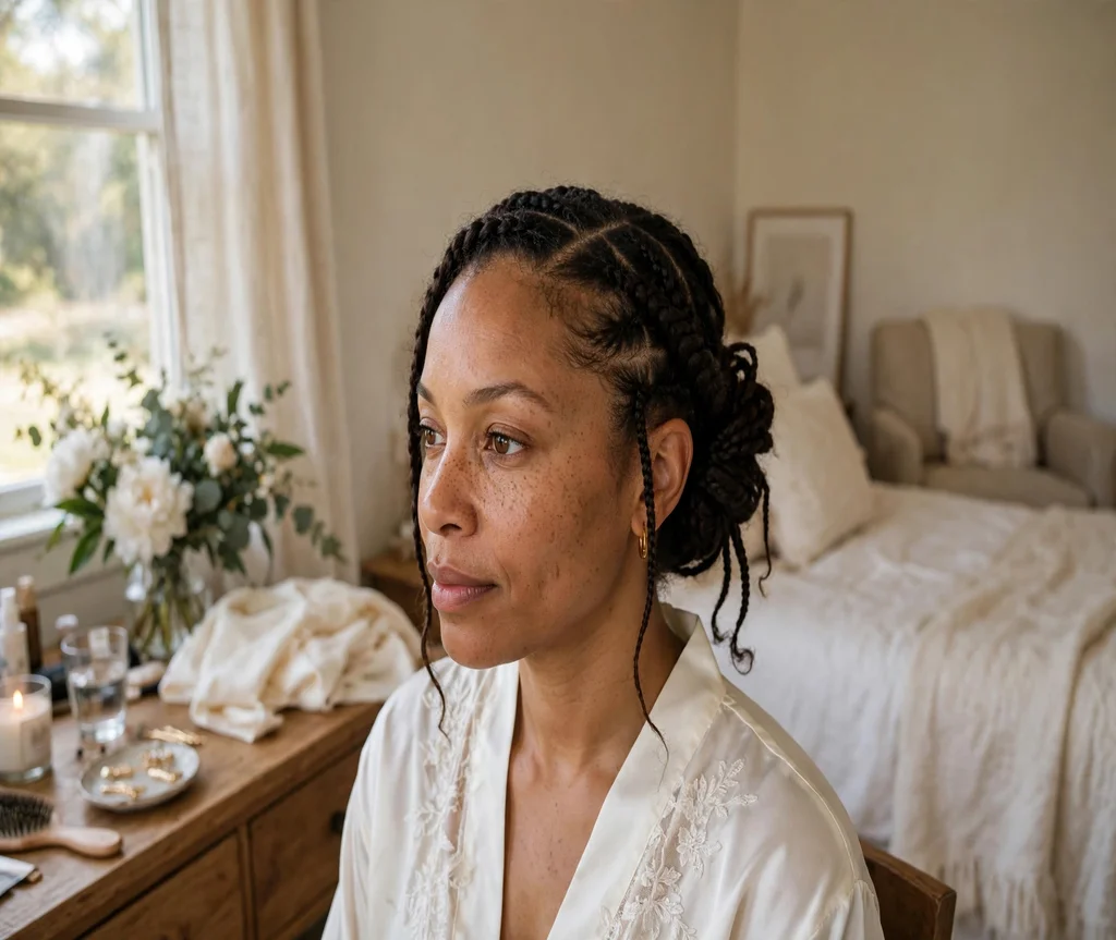 Black woman with a side-swept braided wedding updo in a bridal suite