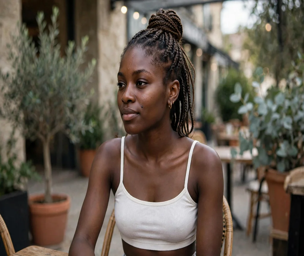 Black woman with a braided top knot with box braids on a cafe patio