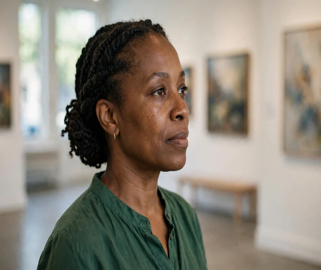 Black woman with a low braided chignon with twists in an art gallery