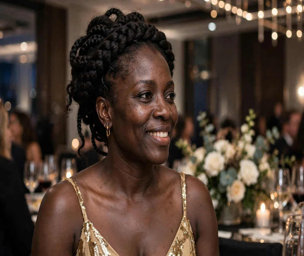 Black woman with a goddess braid crown updo at a gala event