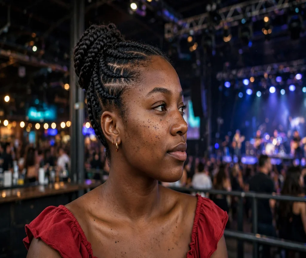 Black woman with a braided fauxhawk updo at a concert venue