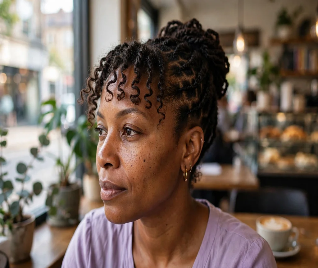 Black woman with a flat-twist updo with a curly fringe in a coffee shop