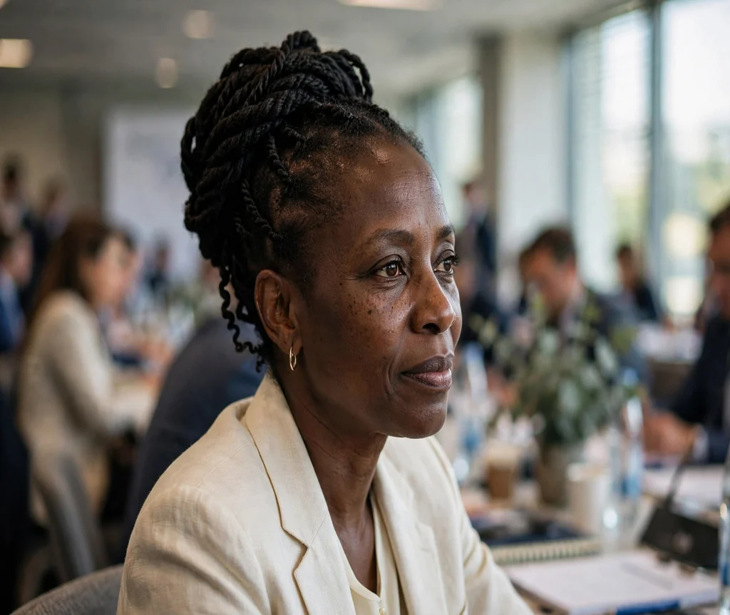 Black woman with an elegant Senegalese twist updo at a business conference
