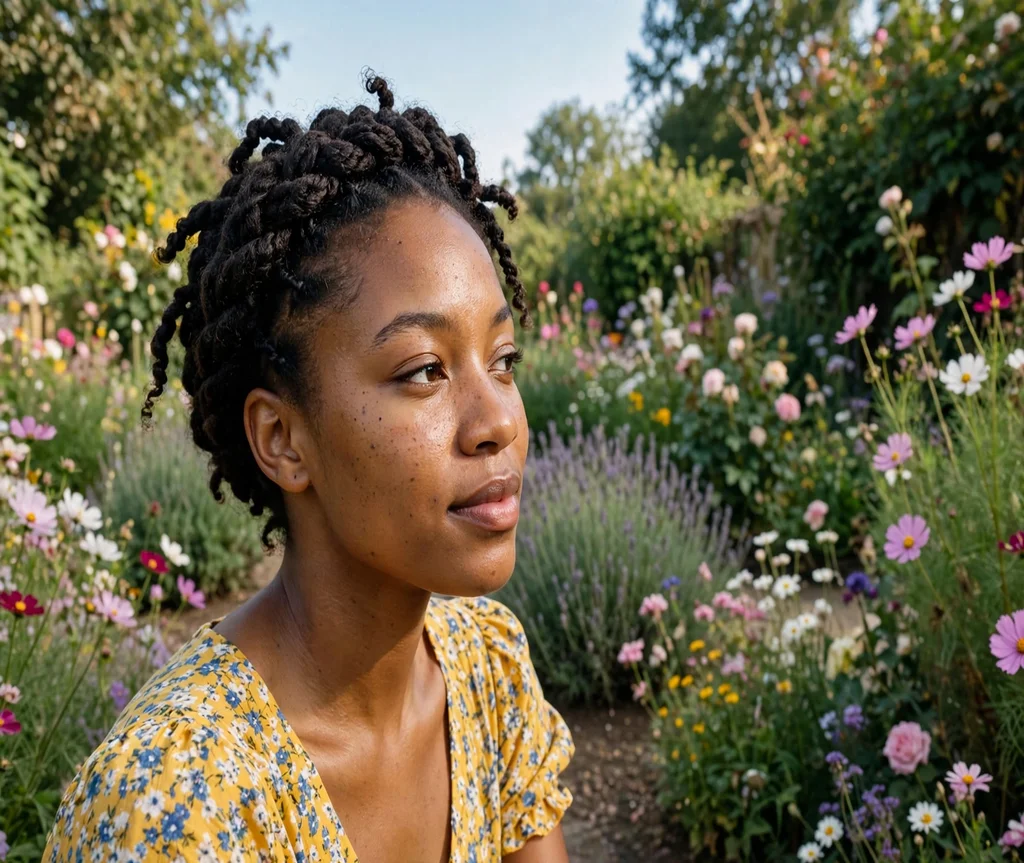 Black woman with a braided crown with kinky twists in a flower garden