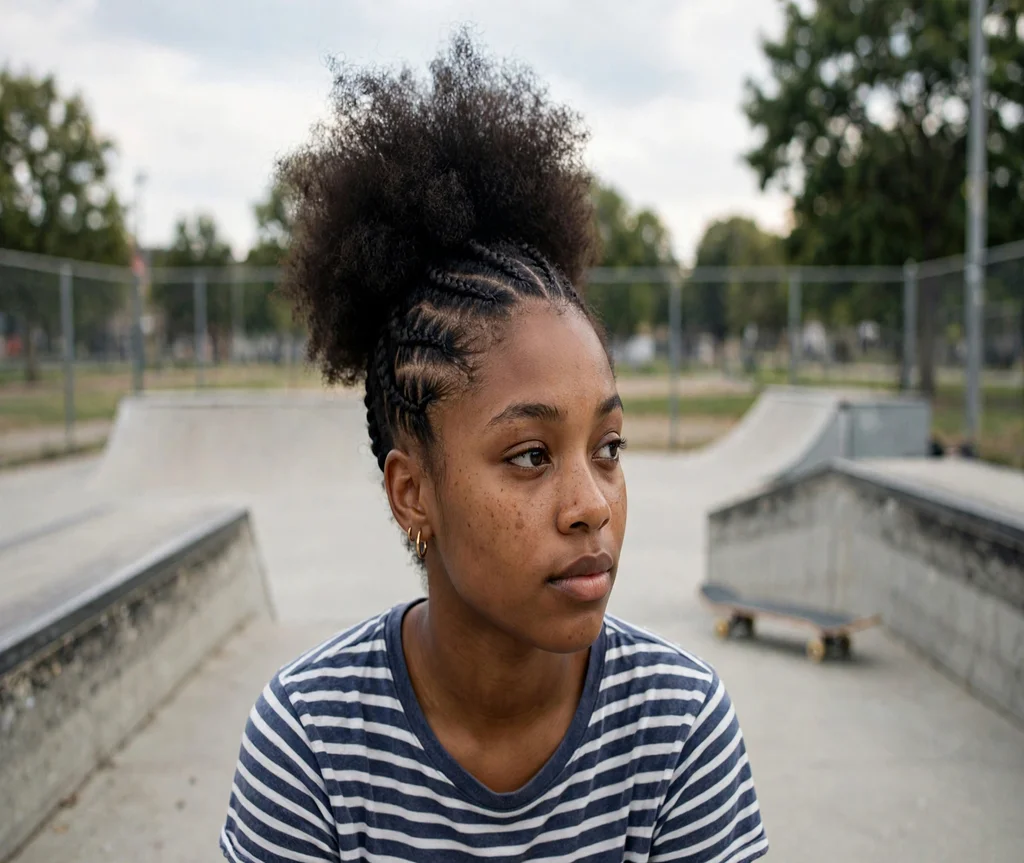 Black woman with a high puff braided halo at a skate park