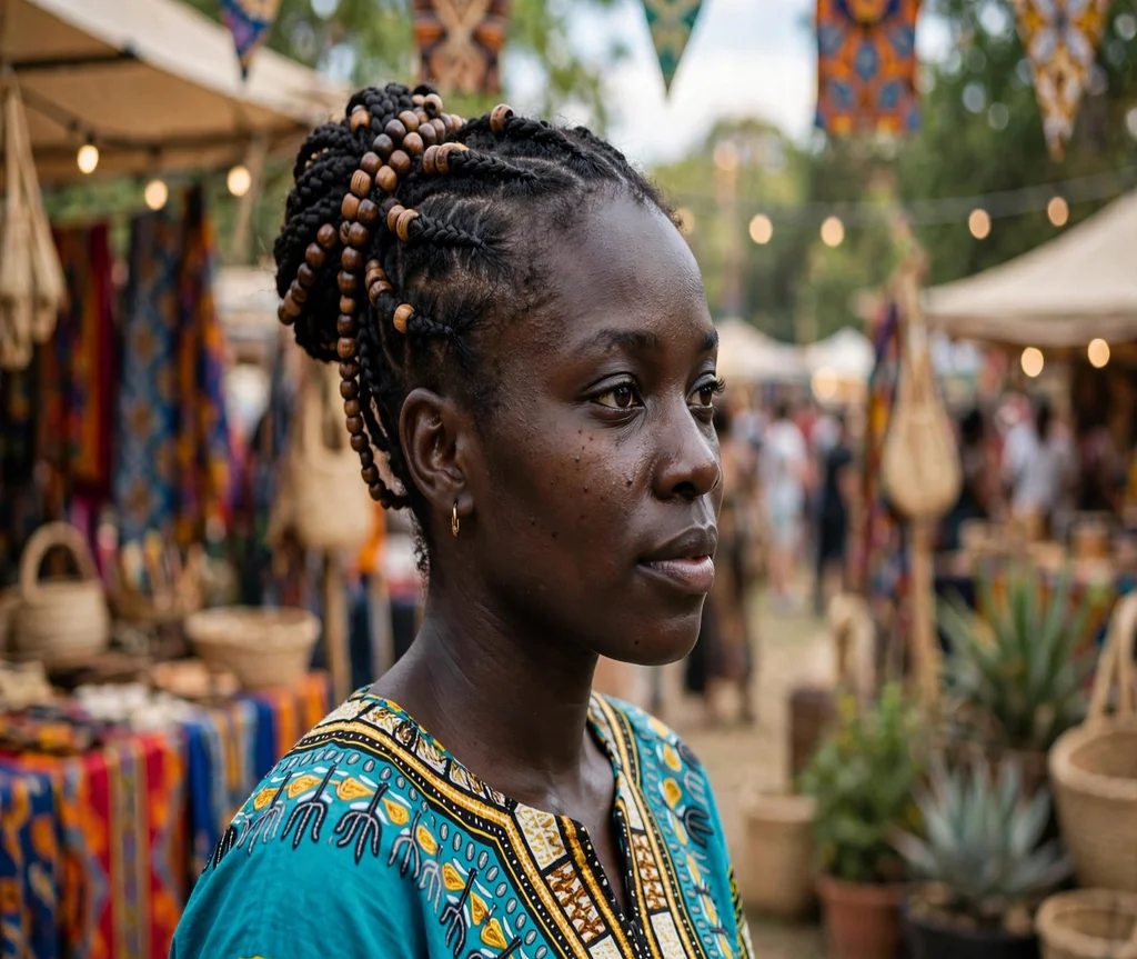 Black woman with a cornrow braided bun with beads at a cultural festival