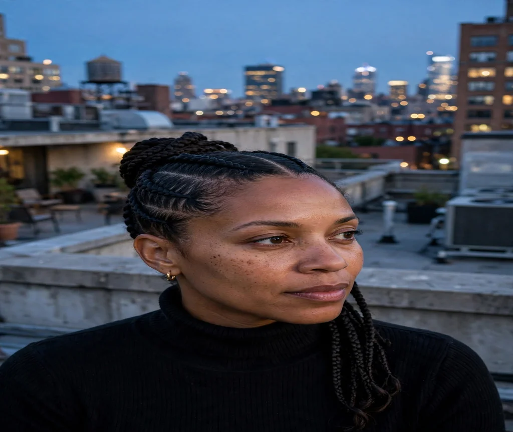 Black woman with a braided updo with a sleek middle part on a city rooftop