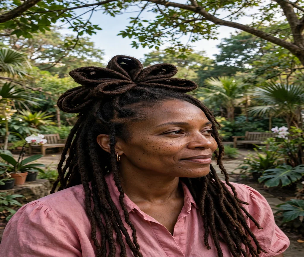 Black woman with a loc petal bun updo in a botanical garden