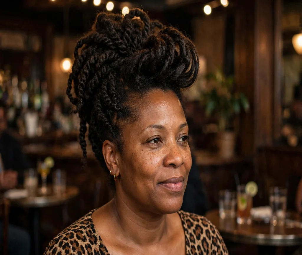 Black woman with a twisted pompadour updo at a jazz club