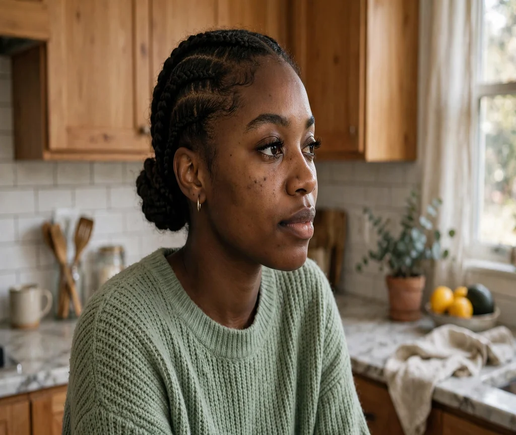 Black woman with a braided low bun with side cornrows in a home kitchen